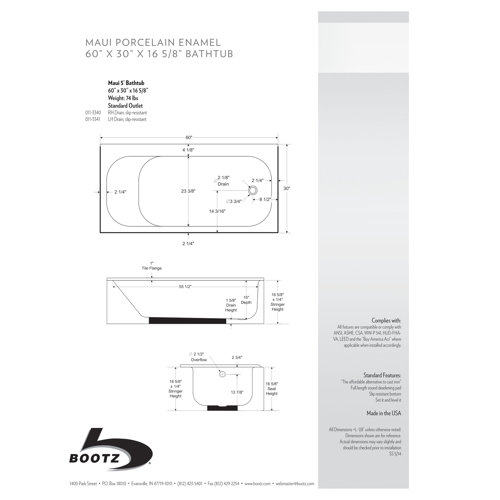 Bootz Maui 60'' x 30'' Alcove/Tile In Soaking Porcelain Bathtub Wayfair